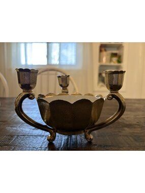 Metal Lotus Flower Bowl Vintage Italian Triple Candle Holder Made In Italy Stamp
